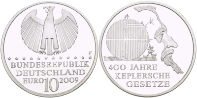 ФРГ 10 евро 2009 G, 400 лет законам Кеплера KM 280, DE.S. 10.40 серебро PROOF 1085-5-74