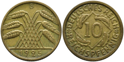Германия 10 рейхспфеннигов 1925 G KM 40 алюминиевая бронза 4171-341