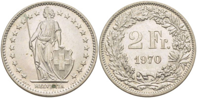 Швейцария 2 франка 1970 KM 21а.1 медно-никель 4542-446