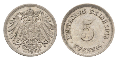 Германия 5 пфеннигов 1915 F, Вильгельм II (1888-1918) KM 11, J. 12 медно-никель 4636-331