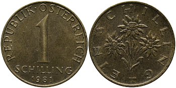 АВСТРИЯ 1 ШИЛЛИНГ 1981 KM 2886 алюминиевая бронза 33-446