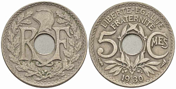 ФРАНЦИЯ 5 САНТИМОВ 1930 ТИП ЛИНДАЙЁ KM 875, LE FRANC 122.13 медно-никель 105-356