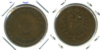 ГЕРМАНИЯ 2 ПФЕННИГА 1876 D, СТАРОГЕРБОВКА KM 2, J.2 медь 701-433