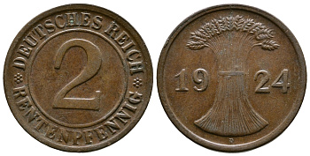ГЕРМАНИЯ 2 РЕНТЕНПФЕННИГА 1924 D KM 31, J.307 бронза 86-1453