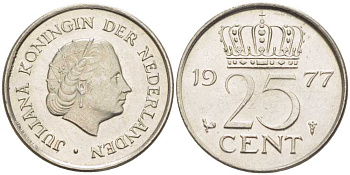 Нидерланды 25 центов 1977 Юлиана (1948-1980) KM 183 никель 214-1114