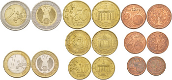 ФРГ евронабор из 8 монет 2002 J, 1, 2, 5, 10, 20, 50 ЕВРОЦЕНТОВ, 1, 2 ЕВРО биметалл N6-40