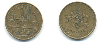 Франция 10 франков 1975 тип Матье KM 940, Le Franc 365.5-6 никель латунь 89-1413