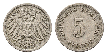 Германия 5 пфеннигов 1906 D, Вильгельм II (1888-1918) KM 11, J. 12 медно-никель 4636-118