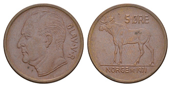Норвегия 5 эре 1971 Улаф V (1957-1991) KM 405 бронза UNC 4635-621