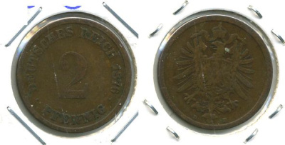 ГЕРМАНИЯ 2 ПФЕННИГА 1876 D, СТАРОГЕРБОВКА KM 2, J.2 медь 701-433