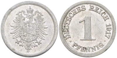 Германия 1 пфенниг 1917 E KM 24, J. 300, Weege 2 алюминий 206-1069
