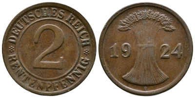 ГЕРМАНИЯ 2 РЕНТЕНПФЕННИГА 1924 D KM 31, J.307 бронза 86-1453