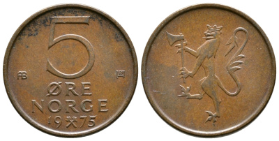 Норвегия 5 эре 1975 Улаф V (1958-1991) KM 415 бронза 3458-262