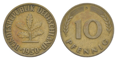 ФРГ 10 пфеннигов 1950 D KM 108, J. 383 сталь плакированная латунью 4630-1258