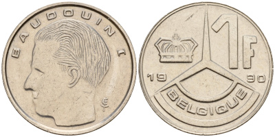 Бельгия 1 франк 1990 Belgique, Бодуэн I (1951-1993) KM 170 железо плакированное никелем    4598-121