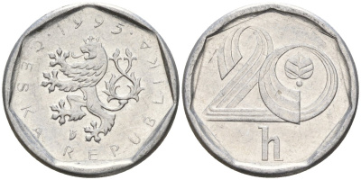 Чехия 20 геллеров 1995 KM 2.1 алюминий 4154-616