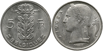 БЕЛЬГИЯ 5 ФРАНКОВ 1968 BELGIQUE KM 134.1 медно-никель 98-637