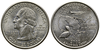 США 25 центов = квотер 2002 D, серия штаты США, Луизиана KM 333 медь плакированная медно-никелем UNC 80-253