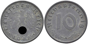 ГЕРМАНИЯ 10 РЕЙХСПФЕННИГОВ 1941 А KM 101, J. 371 цинк 4401-716