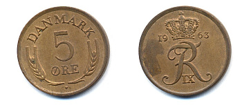 ДАНИЯ 5 ЭРЕ 1963 C; S, ФРЕДЕРИК IX (1947-1972) KM 848.1 бронза 51-4334