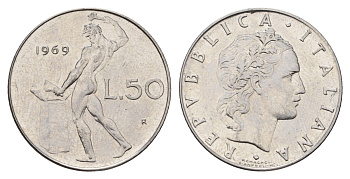 Италия 50 лир 1969 R, бог огня Вулкан у наковальни KM 95.1 нержавеющая сталь UNC 3336-753