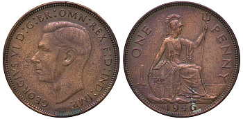Великобритания 1 пенни 1946 Георг VI (1936-1952) KM 845, Spink 4114 бронза 4131-441