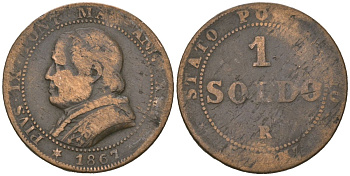 Папская область 1 сольдо = 5 центов 1867 R, Пий IX (1846-1878) KM 1372.2 медь 92-712