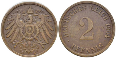 ГЕРМАНИЯ 2 ПФЕННИГА 1904 E KM 16, J. 11, Weege 4 медь 206-463