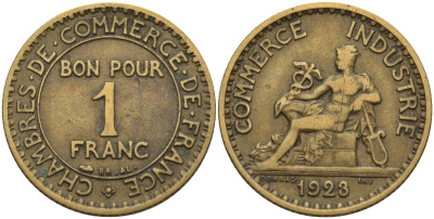 Франция 1 франк 1923 KM 876, Le Franc 218.5 алюминиевая бронза 4142-744