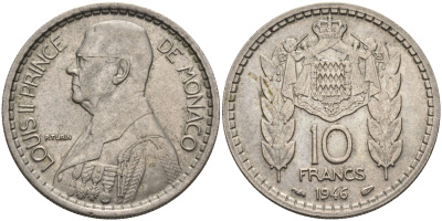 Монако 10 франков 1946 Луи II (1922-1949) KM 123 медно-никель    4142-111