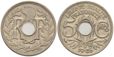 ФРАНЦИЯ 5 САНТИМОВ 1926 ТИП ЛИНДАЙЁ KM 875 медно-никель UNC 3309-1017