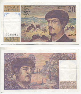 ФРАНЦИЯ 20 ФРАНКОВ 1980 КЛОД ДЕБЮССИ Pick 151a бумага 3295-21-1-1