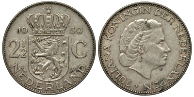 Нидерланды 2 1/2 гульдена 1959 Юлиана (1948-1980) KM 185 серебро 443-1131
