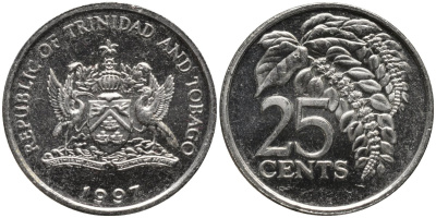 Тринидад и Тобаго 25 центов 1997 цветок дикая пуансеттия KM 32 медно-никель 4577-1254