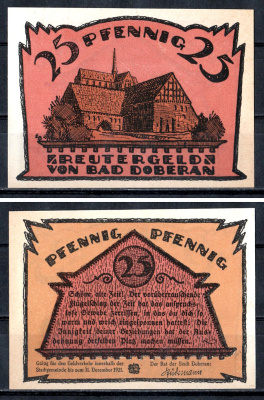 Бад-Доберан (Мекленбург-Шверин) 25 пфеннигов 1921 Mehl Grabowski 276.3-2/3 бумага UNC (пресс) 7555-55-1-2