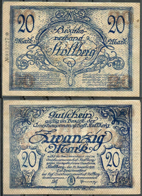Германия, Штольберг 20 марок 1918 нотгельд, 15.11.1918, цифры черные, малые Geiger 511.02  бумага   444-120-2-2