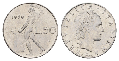 Италия 50 лир 1969 R, бог огня Вулкан у наковальни KM 95.1 нержавеющая сталь UNC 3336-753