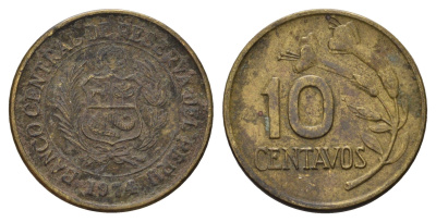 Перу 10 сентаво 1974 KM 245 латунь 4169-1215