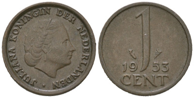 Нидерланды 1 цент 1953 Юлиана (1948-1980) KM 180 бронза 4621-446