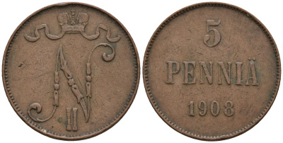 Россия для Финляндии 5 пенни 1908 Николай II (1894-1917) KM 15, Биткин 449 медь 259-1151