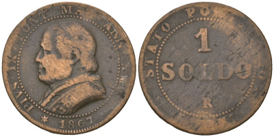 Папская область 1 сольдо = 5 центов 1867 R, Пий IX (1846-1878) KM 1372.2 медь 92-712