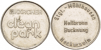 ГЕРМАНИЯ ЖЕТОН НА МОЙКУ АВТОМОБИЛЯ CLIAN PARK, LIPFART, STGT. MUHLHAUSEN, NECKARSULM белый металл 4544-837