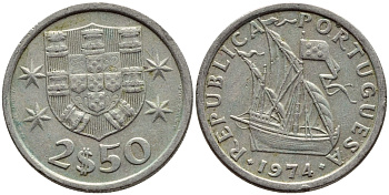 ПОРТУГАЛИЯ 2,5 ЭСКУДО 1974 ПАРУСНИК KM 590 медно-никель 4396-146
