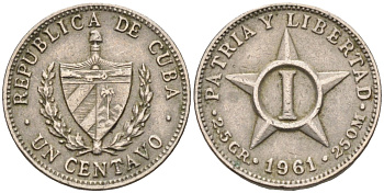 Куба 1 сентаво 1961 звезда, первая Республика (1902-1961) KM 9.2 медно-никель 4588-849