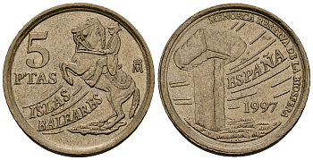 Испания 5 песет 1997 Хуан Карлос I (1975-2014), Балеарские острова, всадник KM 981 алюминиевая бронза 4173-714