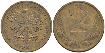 ПОЛЬША 2 ЗЛОТЫХ 1982 MW KM 80.1 латунь 4548-521