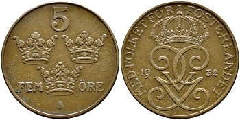 Швеция 5 эре 1932 Густав V (1907-1950) KM 779.2 бронза 4394-924