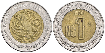 Мексика 1 песо 1994 KM 550 биметалл 87-722