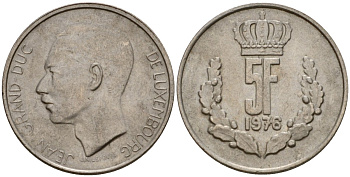 Люксембург 5 франков 1976 Великий герцог Жан (1964-2000) KM 56 медно-никель 4599-1213