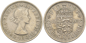 Великобритания 1 шиллинг 1963 Елизавета II (1952-2022), Английский герб KM 904, Spink 4147 медно-никель 83-1314